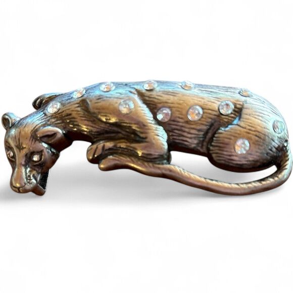 VINTAGE Woman's LEOPARD Belt Buckle Brass Gold Tone w/ RHINESTONE 3.5" - Picture 1 of 6